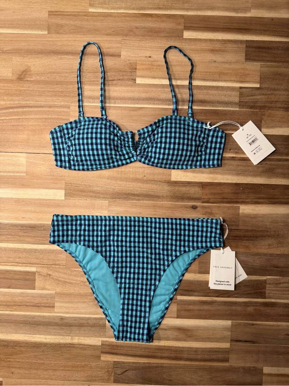 Navy Blue and light Blue Gingham Print Bikini Set in Size Medium